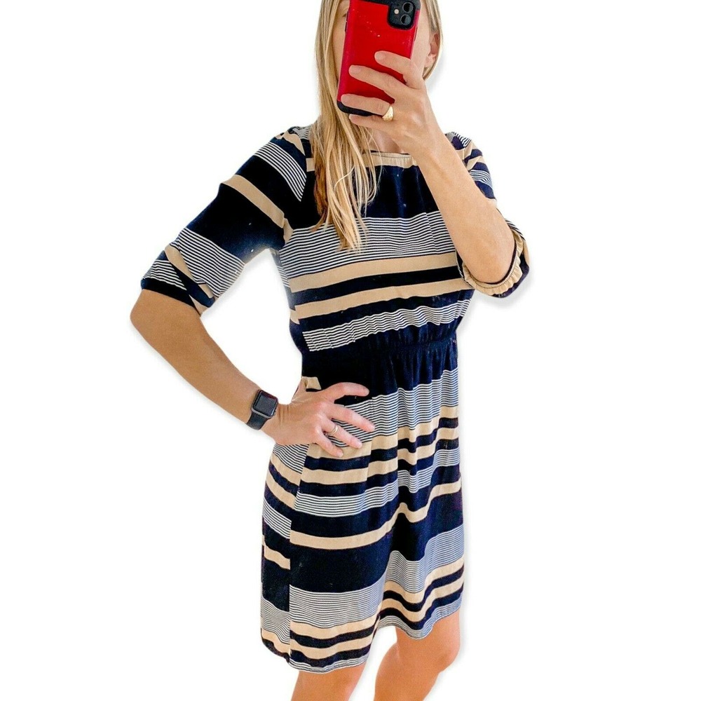 Anthropologie Needle & Thread Dress Blue Long Sleeve Gold Stripes